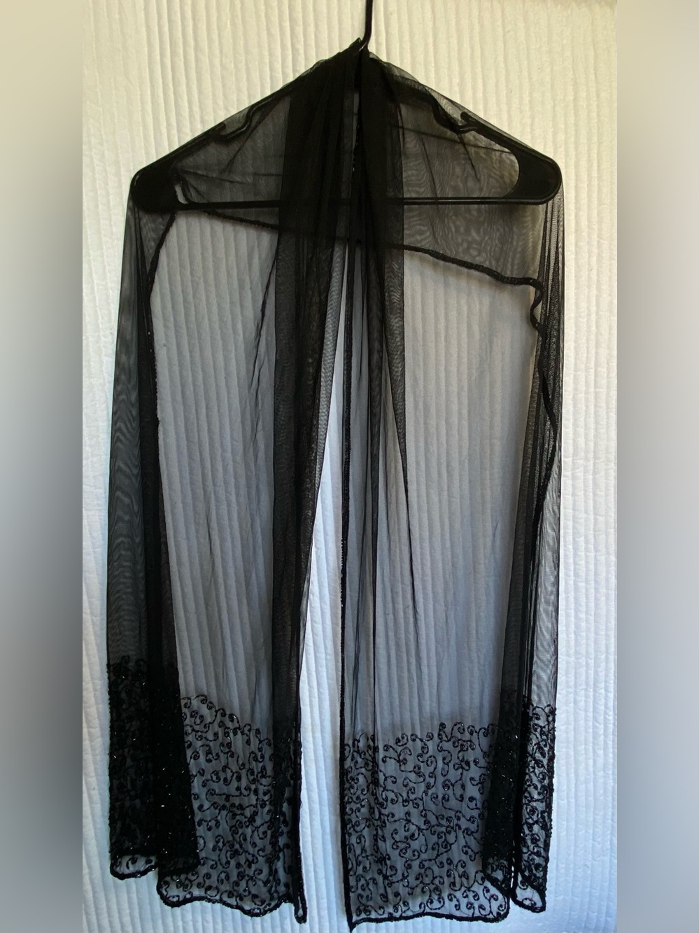 Vintage Black Sheer Mesh Beaded Scarf Shawl Wrap Evening Cocktail Elegant